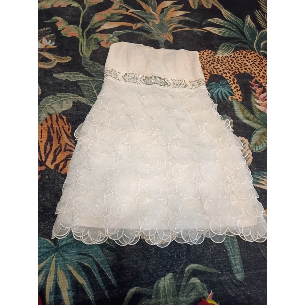 Sue Wong Strapless White Organza Chiffon Sheath Dress Beaded Embellished Size 10